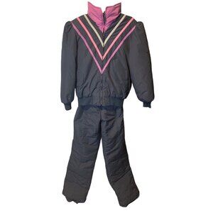 Vintage UAI Sport  Ski Suit Black & Pink Colorblock Insulated Snowsuit Sz 14